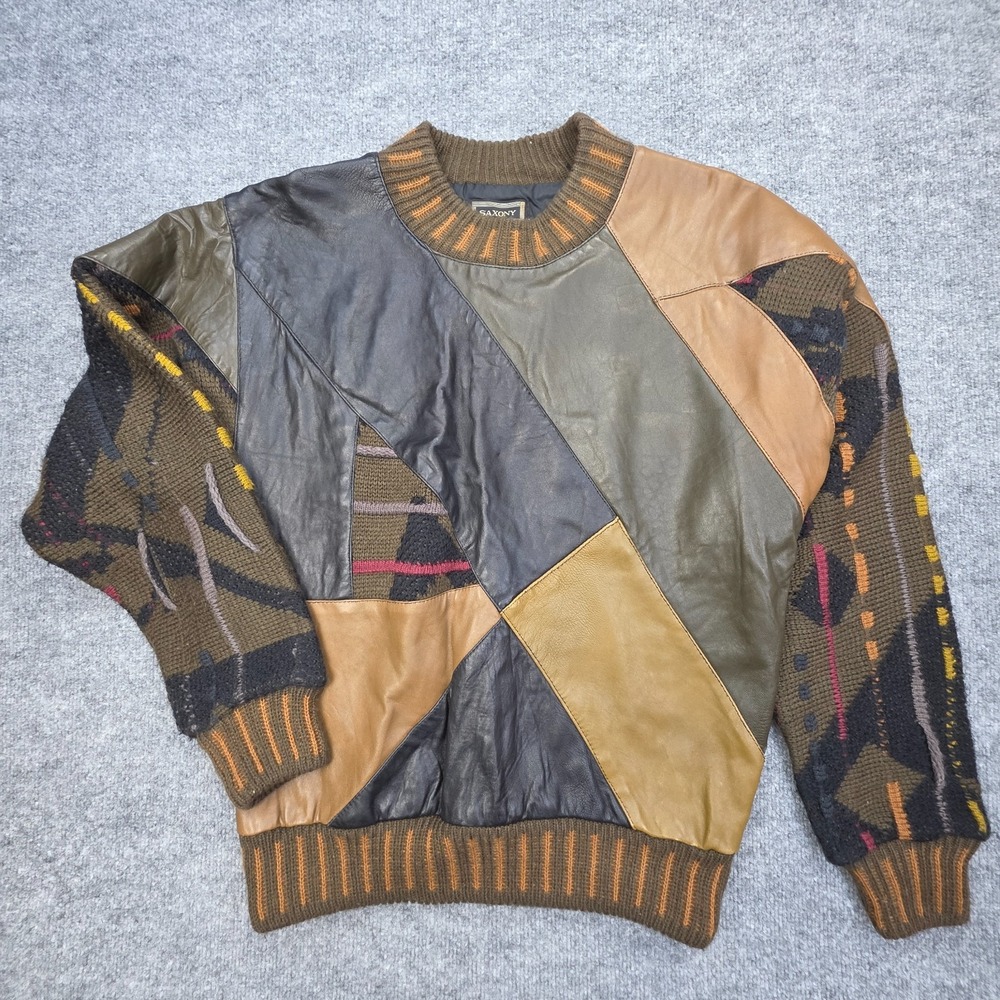 Vintage 80's SAXONY COOGI Style Black Leather/Knit Mens Size Medium Sweater
